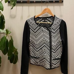 Lucky Brand Womens Large Aztec Pattern Sweater | Black & White Zip Knit Cardigan